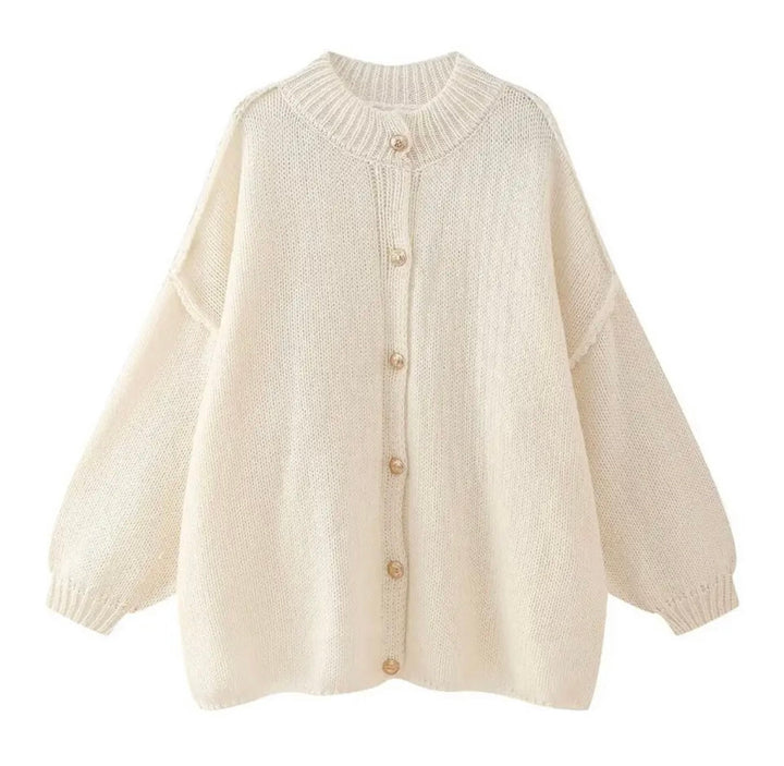 Women's Oversized Chunky Knit Cardigan Button-Front High-Neck Balloon-Sleeve