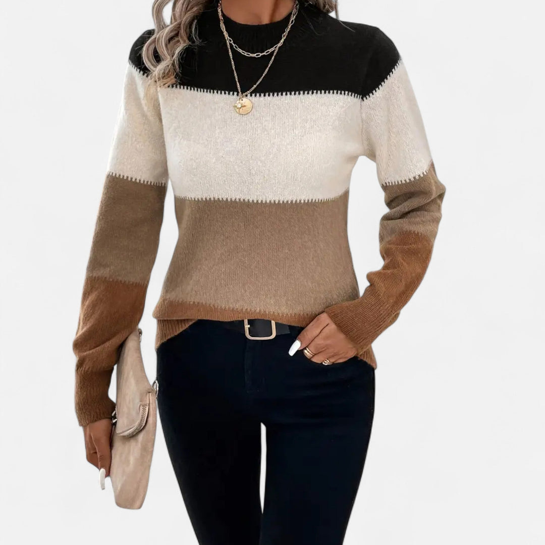 Women's Colorblock Knit Sweater Mock Neck Long-Sleeve Fitted Whipstitch Pullover