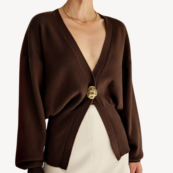 Women's Fine Knit V-Neck Cardigan Gold-Button Batwing-Sleeve Relaxed Cropped