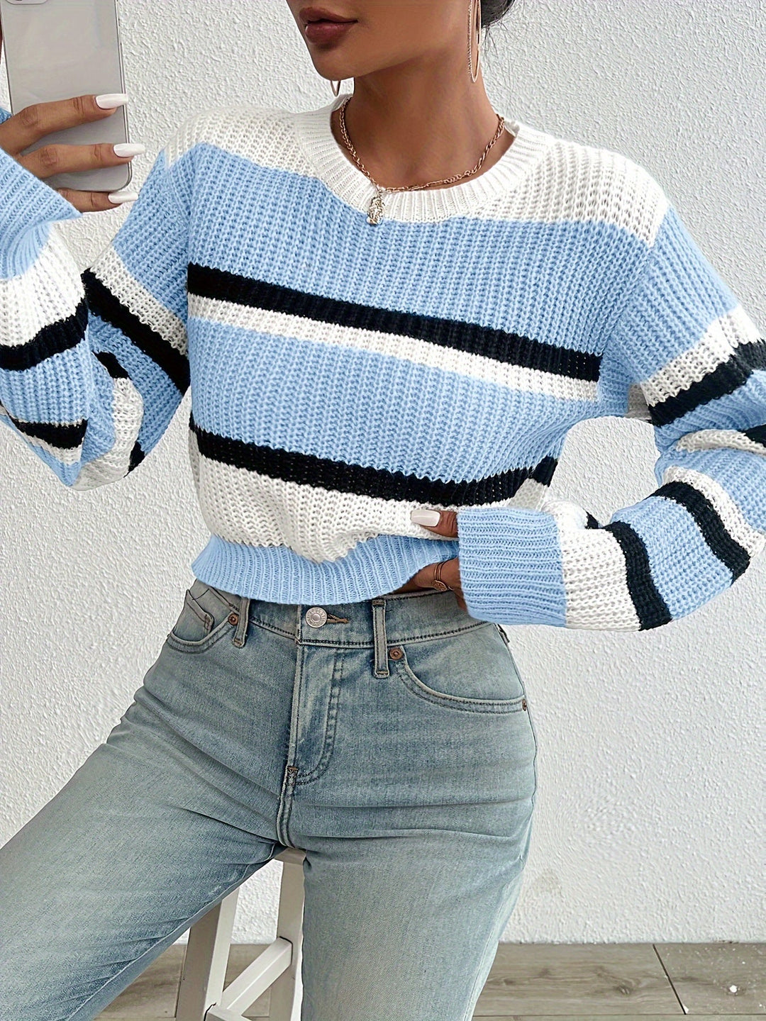 Women's Cropped Striped Knit Sweater Crewneck Colorblock Waffle Pullover