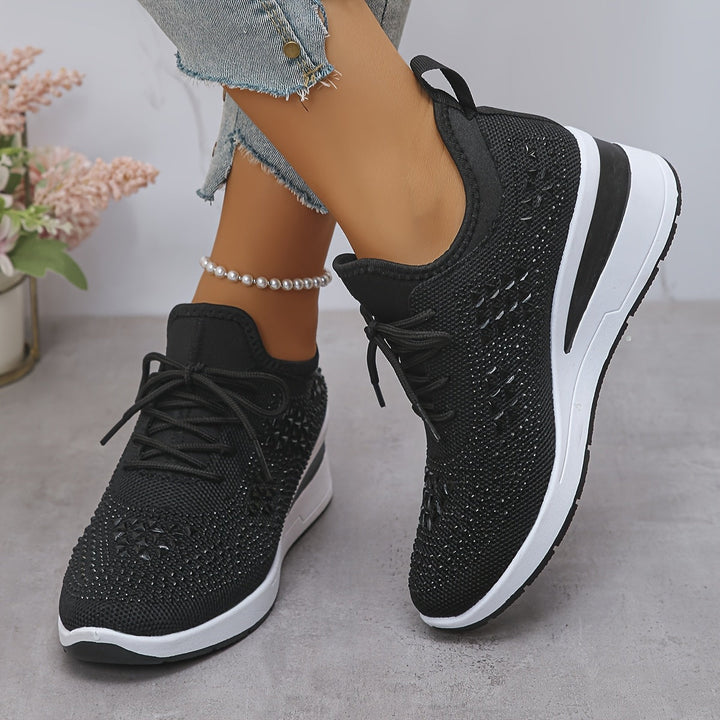 Women's Rhinestone Knit Wedge Sneakers Lace-Up Cushioned Comfort Walking