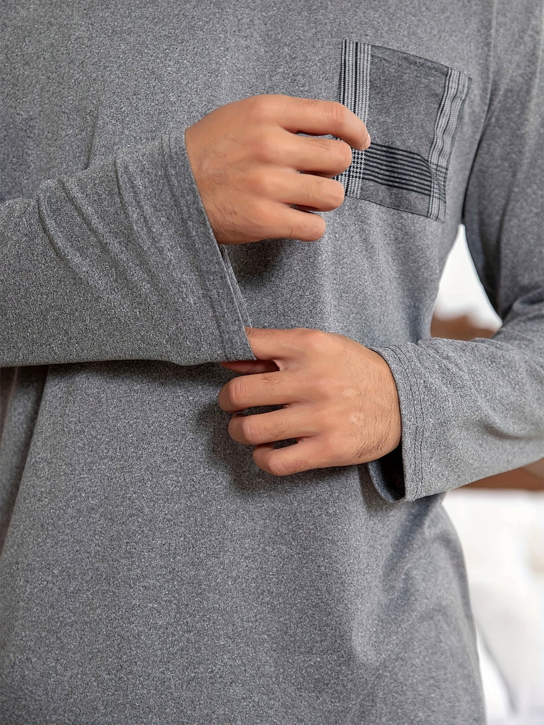 Men's Grey Lounge Set Long-Sleeve Tee Plaid Pants Two-Piece