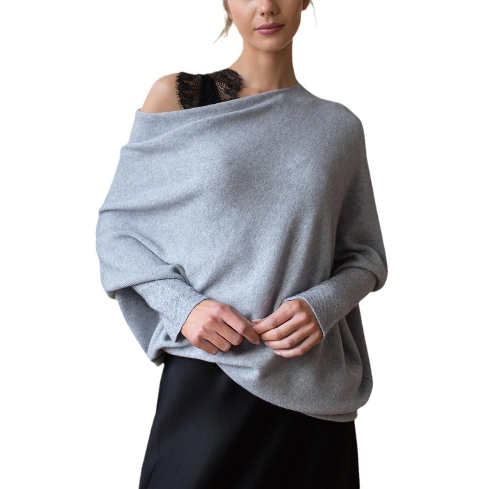 Women's Off-Shoulder Knit Sweater Carmen Neckline Batwing Sleeve Oversized