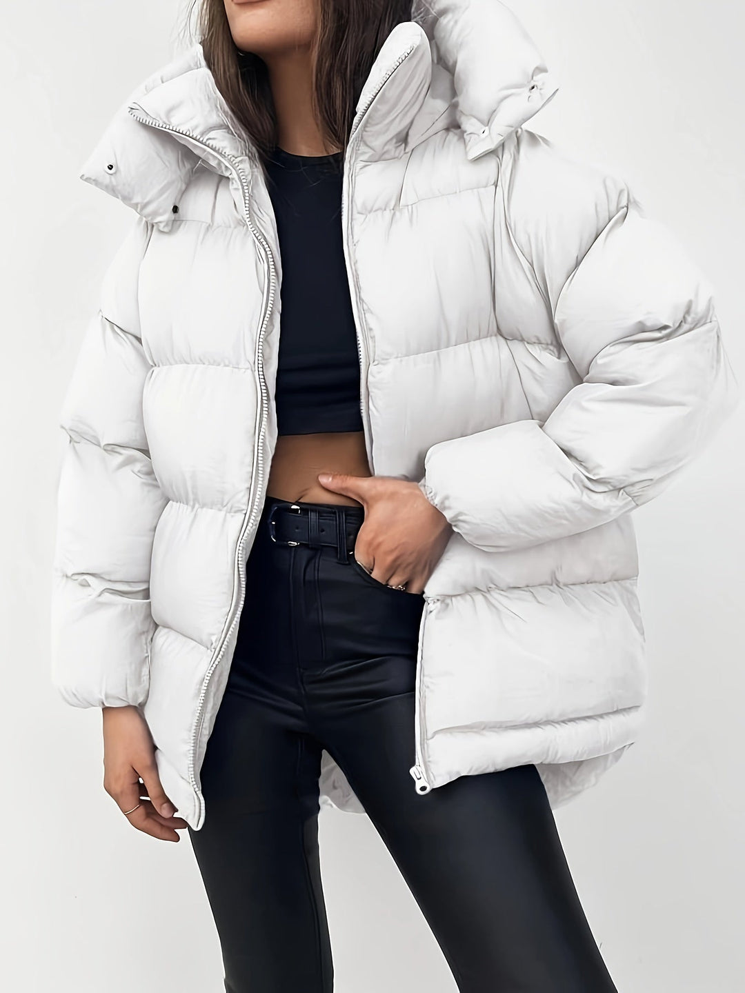 Women's Hooded Longline Oversized Puffer Jacket Zip-Up Winter Coat