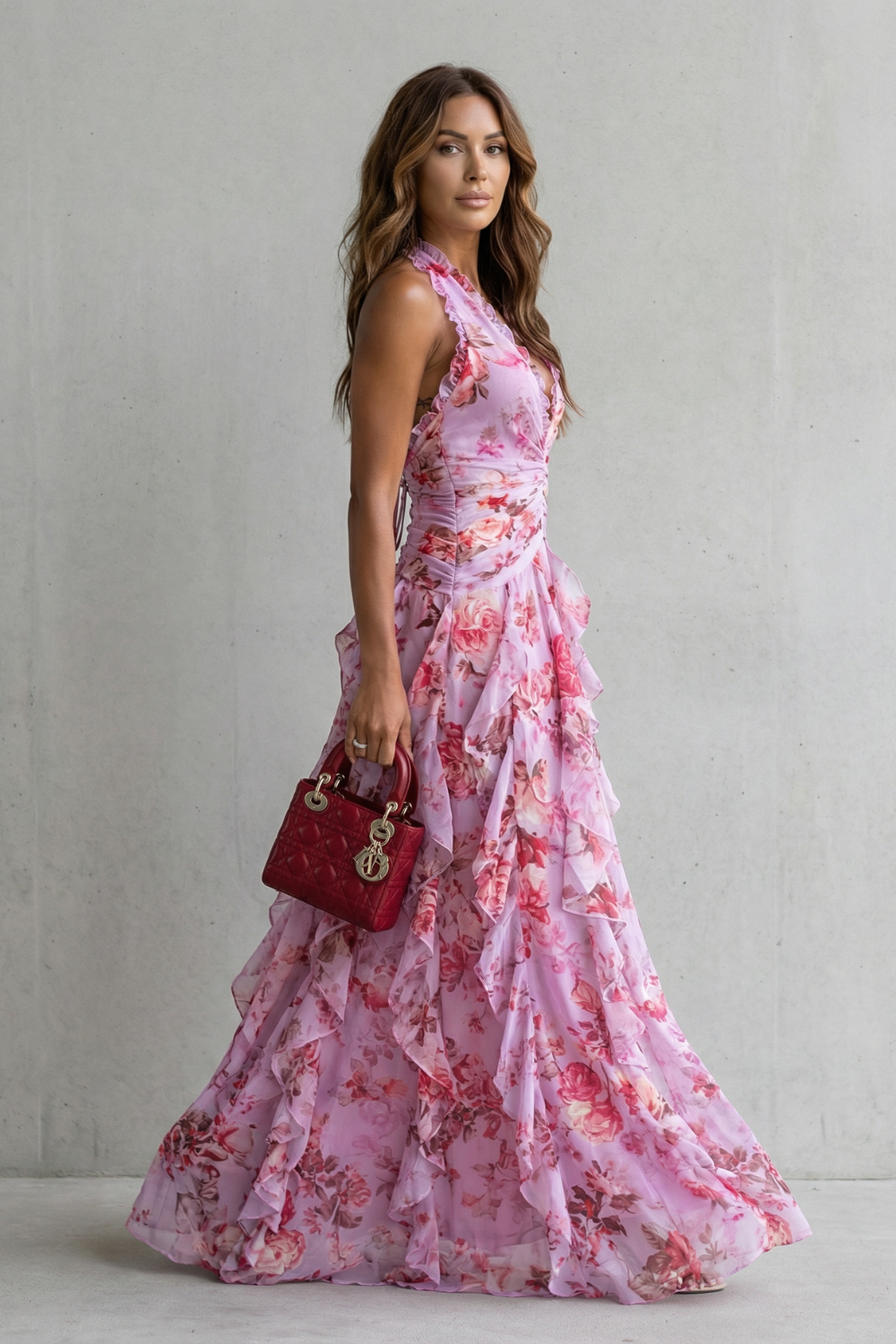 Women's Floral Maxi Dress Halter Neck Ruffle Cascade Deep-V Flowy Elegant