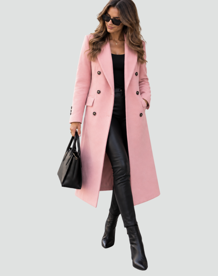 Women's Long Double-Breasted Wool Coat Notch Lapel Tailored Winter Overcoat