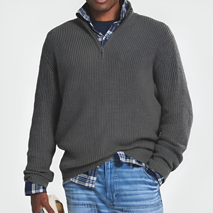 Men's Half-Zip Knit Sweater Ribbed Chunky Stand Collar Quarter-Zip