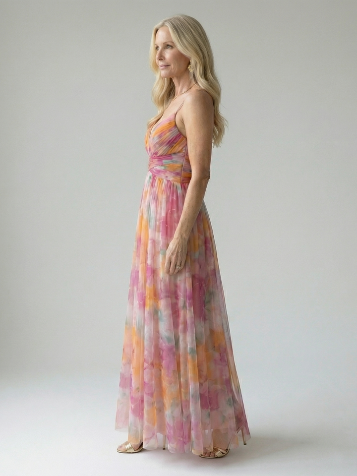 Women's Floral Chiffon Maxi Dress V-Neck Wrap Tulle Flowy Elegant