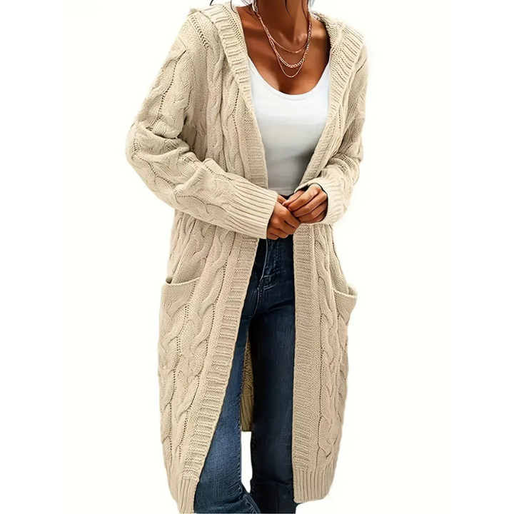 Women's Long Cable Knit Hooded Cardigan Open Front Patch-Pocket Longline