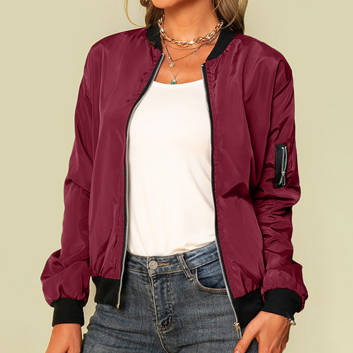 Women's Lightweight Zip-Up Bomber Jacket Ribbed Trim Sleeve Pocket Moto