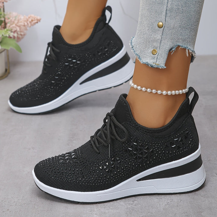 Women's Rhinestone Knit Wedge Sneakers Lace-Up Cushioned Comfort Walking