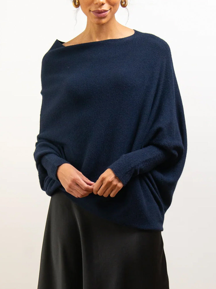Women's Off-Shoulder Knit Sweater Carmen Neckline Batwing Sleeve Oversized