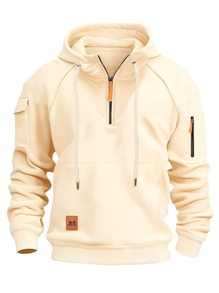 Men's Utility Quarter-Zip Hoodie Drawstring Sleeve Pocket Techwear Relaxed