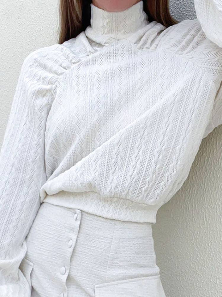 Women's Mock Neck Knit Top Cold-Shoulder Balloon-Sleeve Textured Relaxed