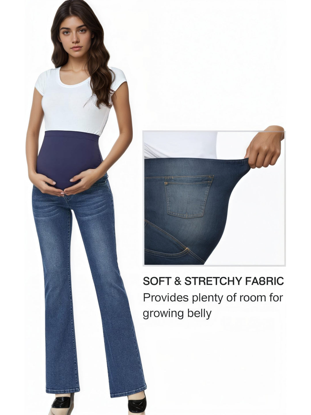 Women's Denim Maternity Jeans Belly Panel Flare Leg Bootcut Stretch Casual