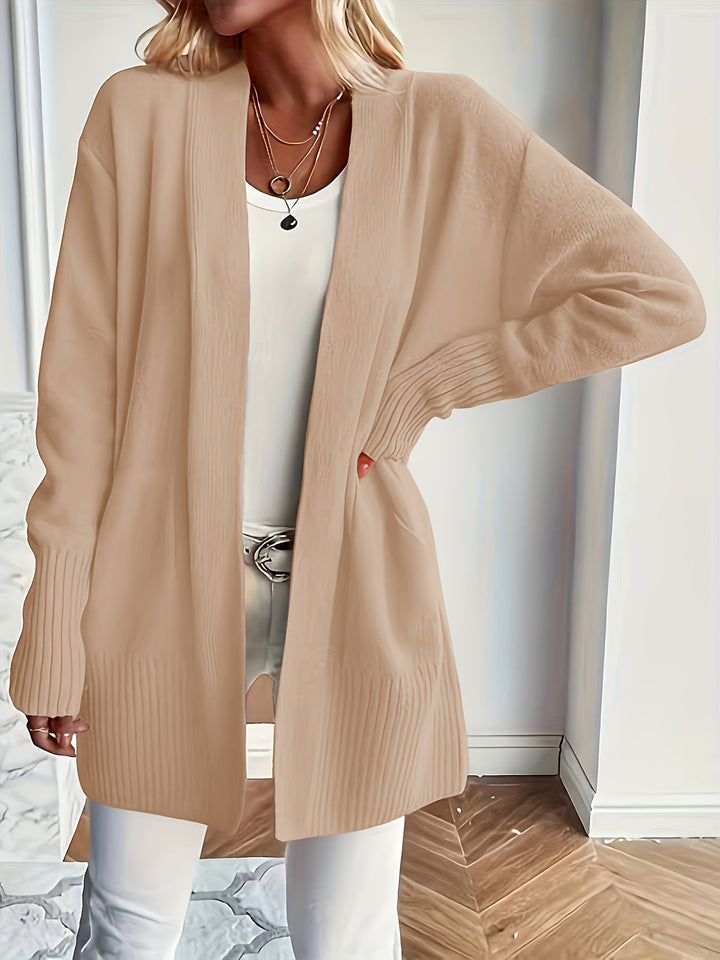 Women's Wool Blend Open-Front Cardigan Ribbed Longline Patch-Pocket Relaxed