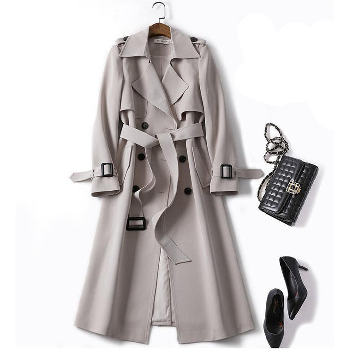Women's Double-Breasted Trench Coat Notch Lapel Belted Longline Storm-Flap Classic