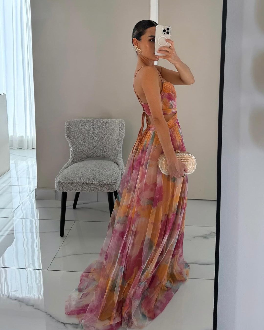 Women's Floral Tulle Maxi Dress V-Neck Spaghetti-Strap Flowy Elegant Summer