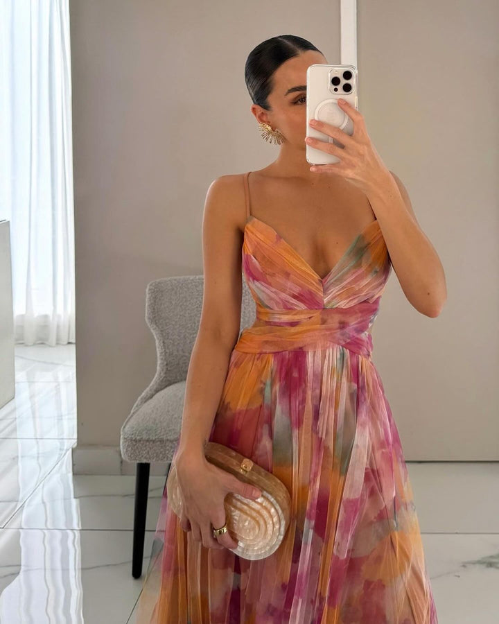 Women's Floral Tulle Maxi Dress V-Neck Spaghetti-Strap Flowy Elegant Summer
