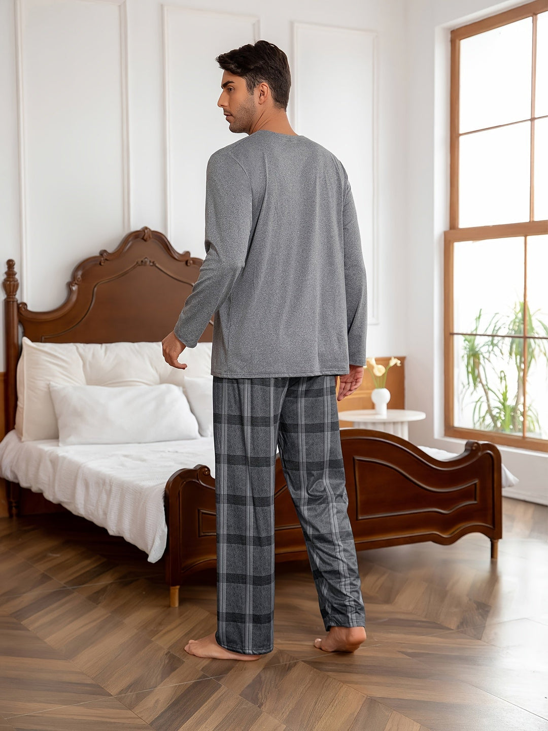 Men's Grey Lounge Set Long-Sleeve Tee Plaid Pants Two-Piece