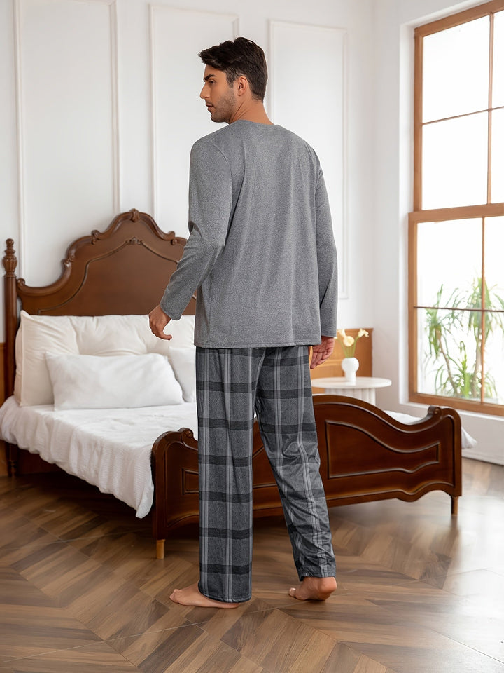 Men's Grey Lounge Set Long-Sleeve Tee Plaid Pants Two-Piece