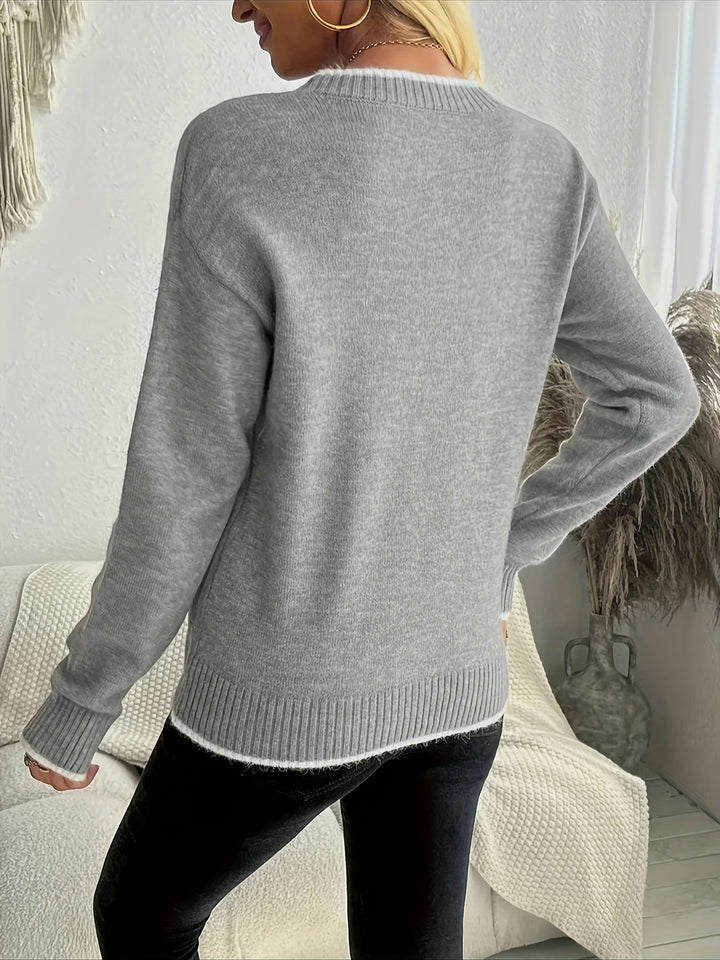 Women's Snowflake Christmas Sweater Crewneck Contrast Trim Knit Pullover