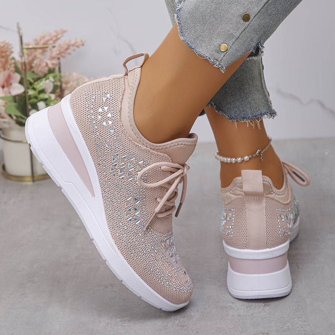 Women's Rhinestone Knit Wedge Sneakers Lace-Up Cushioned Comfort Walking