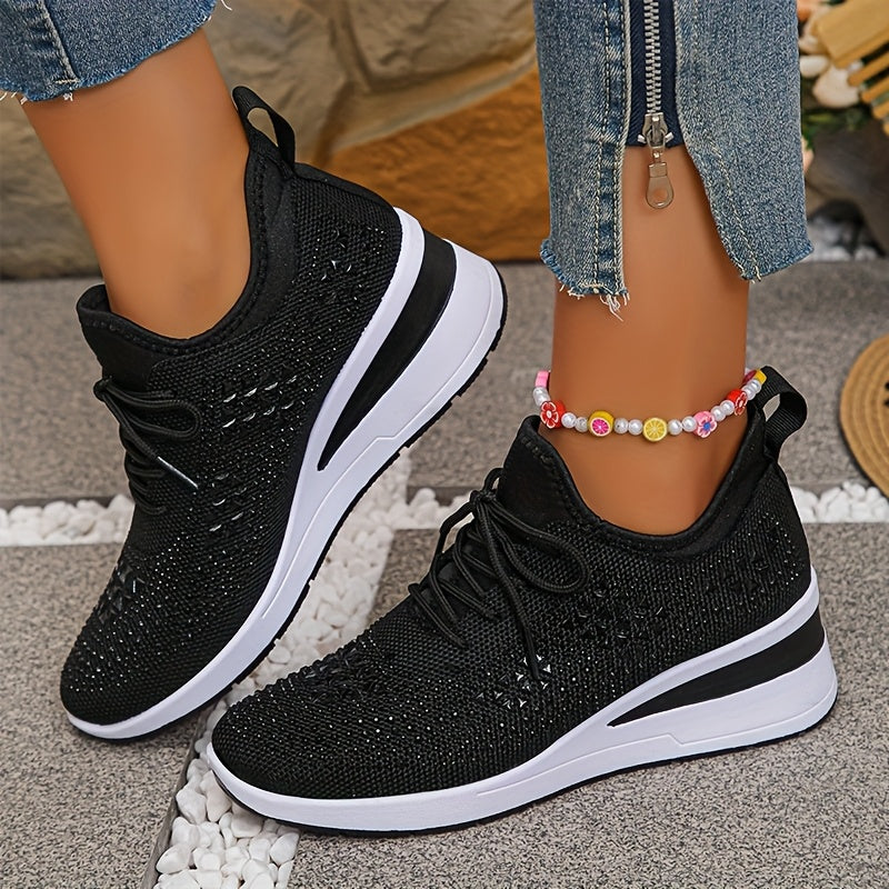 Women's Rhinestone Knit Wedge Sneakers Lace-Up Cushioned Comfort Walking