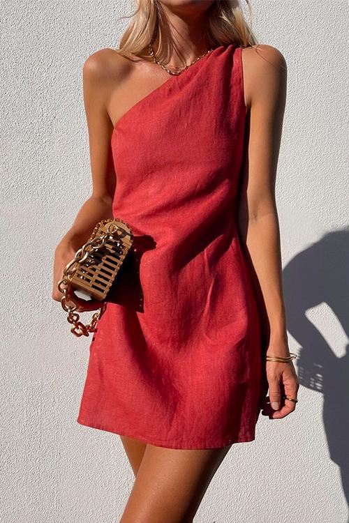 Women's One-Shoulder Mini Dress Linen Asymmetric Sleeveless Relaxed Summer