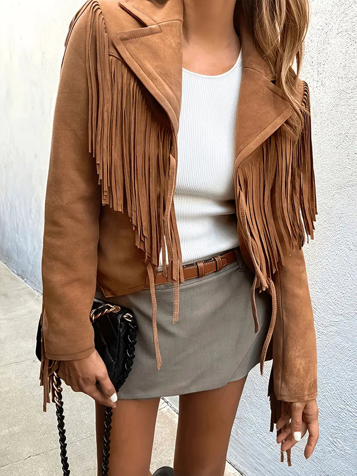 Women's Faux Suede Fringe Moto Jacket Notch Lapel Cropped Brown