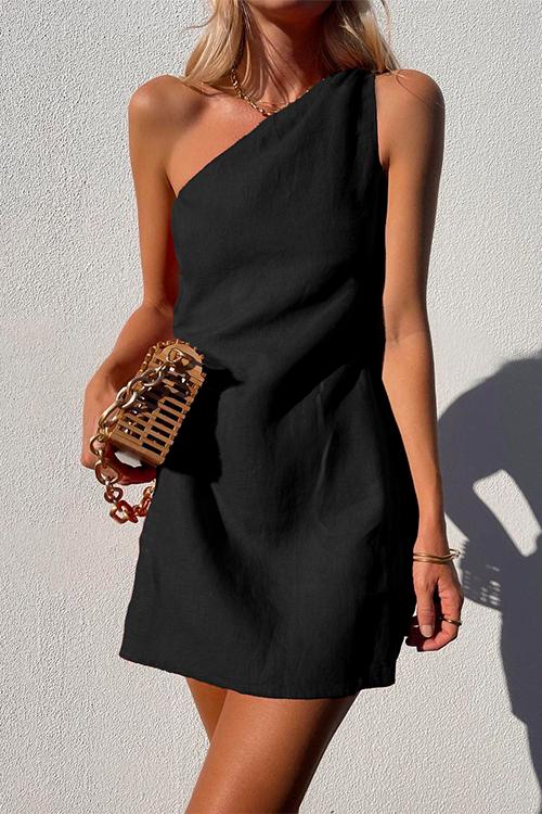Women's One-Shoulder Mini Dress Linen Asymmetric Sleeveless Relaxed Summer