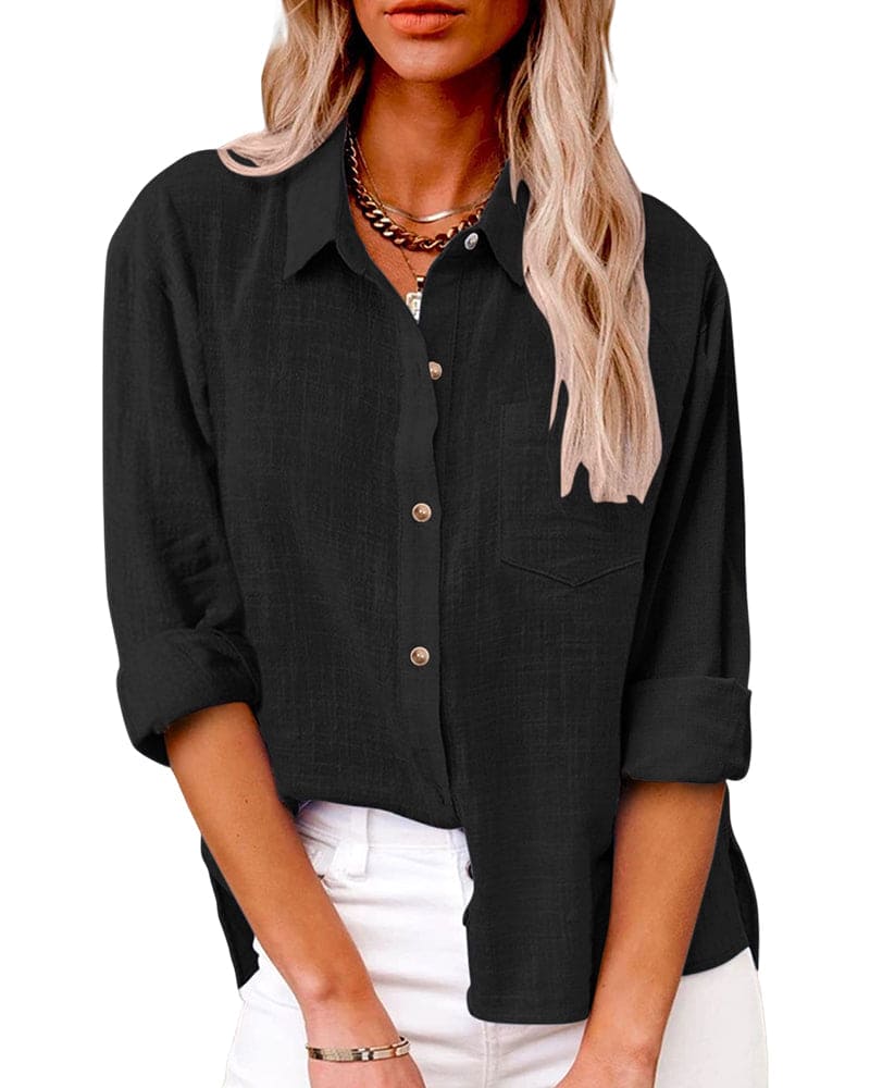 Women's Linen Button-Up Shirt Collared Long-Sleeve Chest-Pocket Relaxed