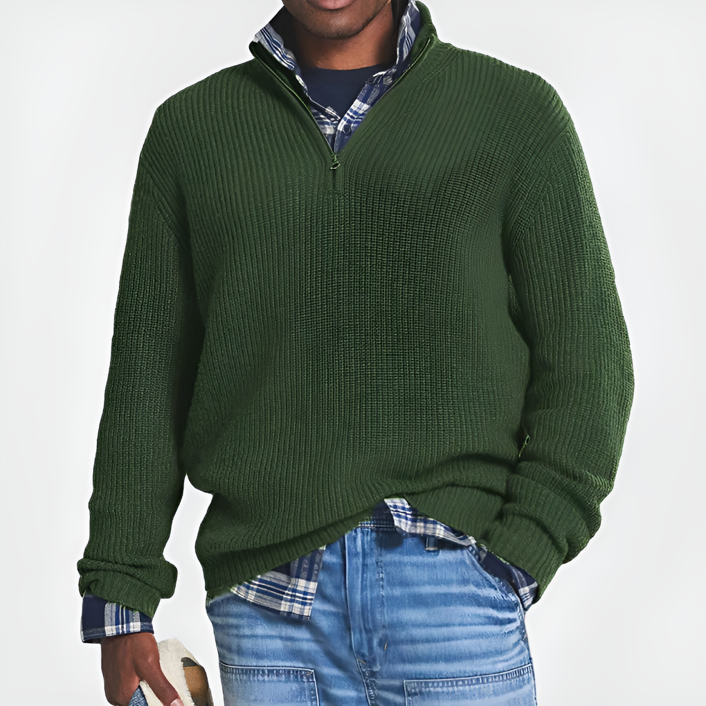 Men's Half-Zip Knit Sweater Ribbed Chunky Stand Collar Quarter-Zip