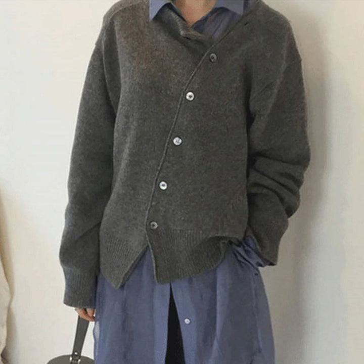 Women's Oversized Asymmetric Button Knit Cardigan Drop Shoulder Sweater