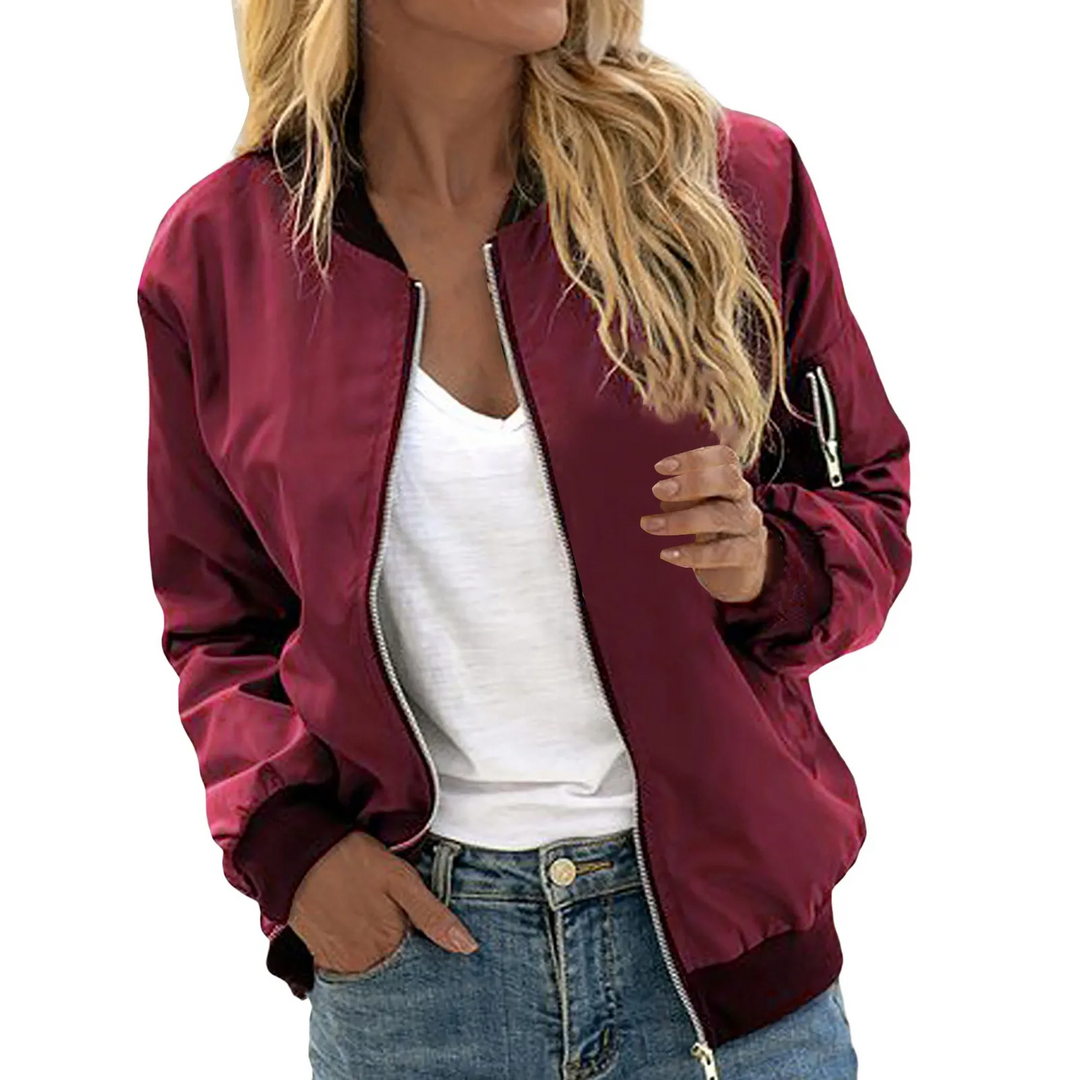 Women's Lightweight Zip-Up Bomber Jacket Ribbed Trim Sleeve Pocket Moto