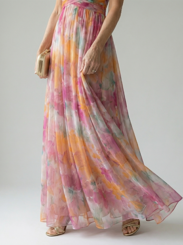 Women's Floral Chiffon Maxi Dress V-Neck Wrap Tulle Flowy Elegant