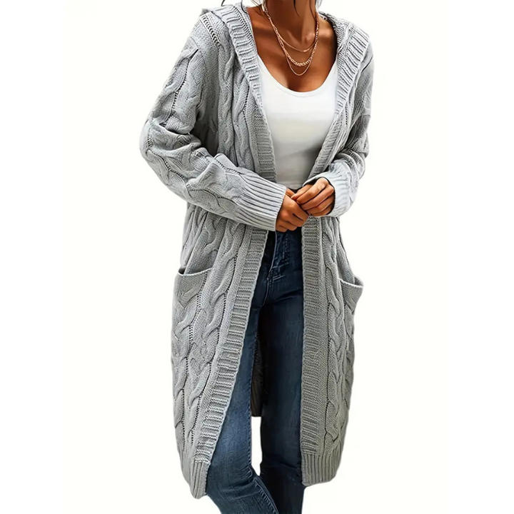 Women's Long Cable Knit Hooded Cardigan Open Front Patch-Pocket Longline