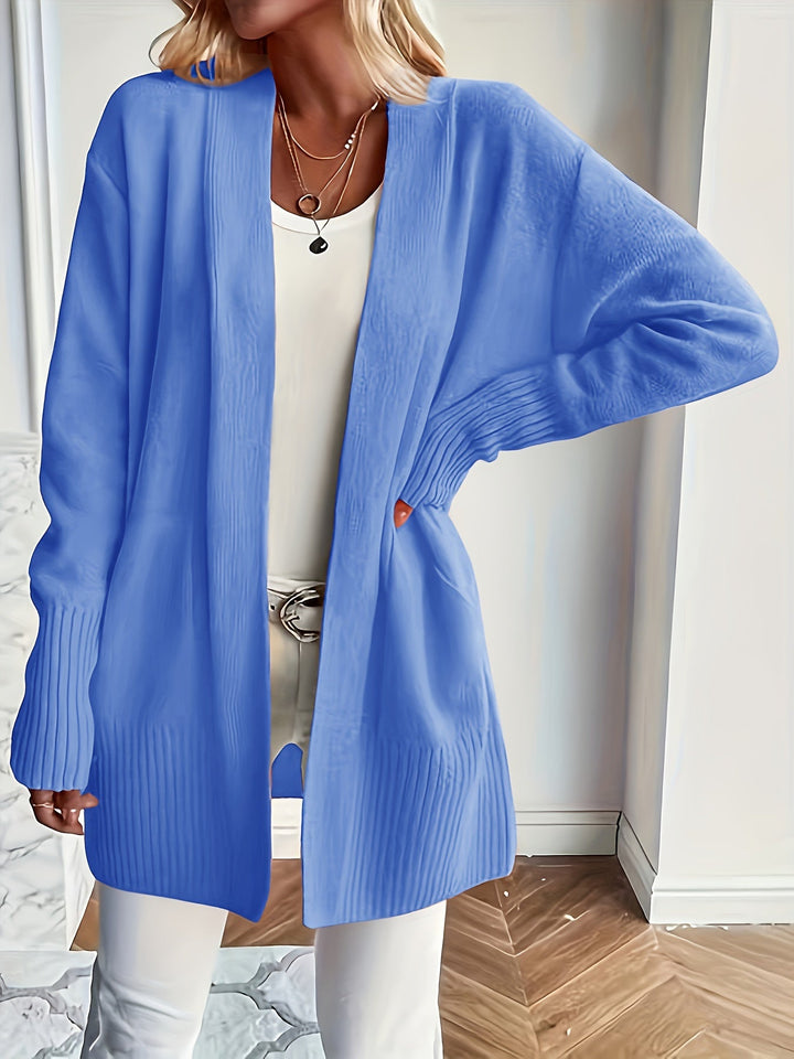Women's Wool Blend Open-Front Cardigan Ribbed Longline Patch-Pocket Relaxed