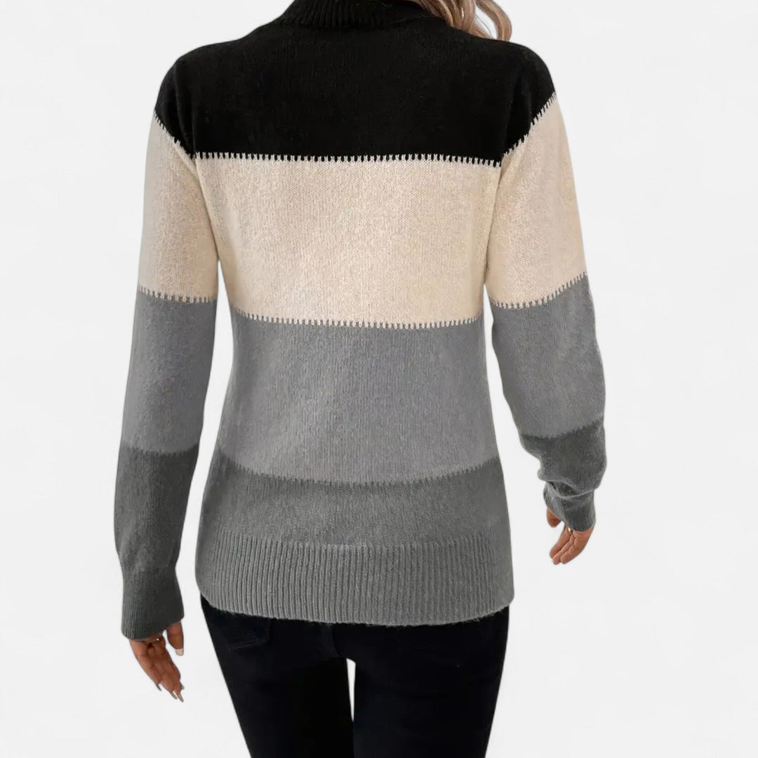 Women's Colorblock Knit Sweater Mock Neck Long-Sleeve Fitted Whipstitch Pullover