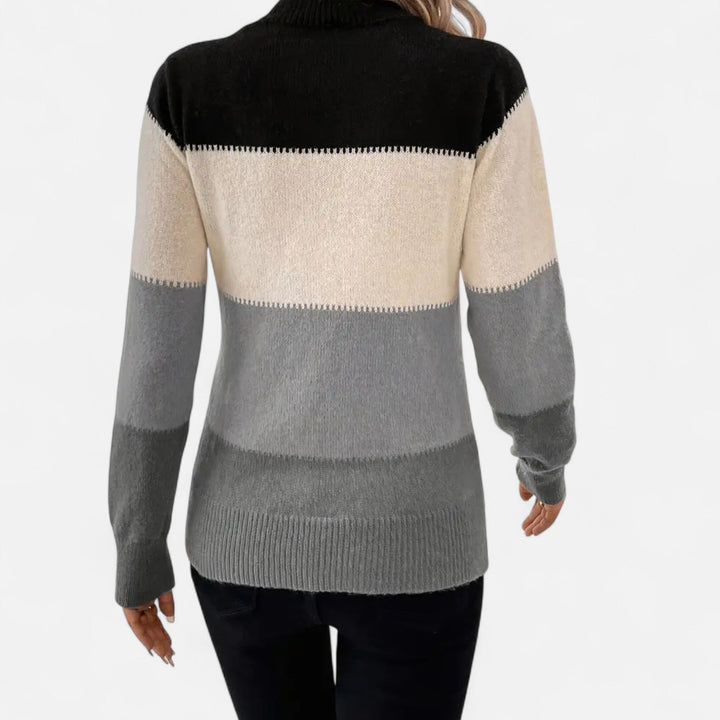 Women's Colorblock Knit Sweater Mock Neck Long-Sleeve Fitted Whipstitch Pullover