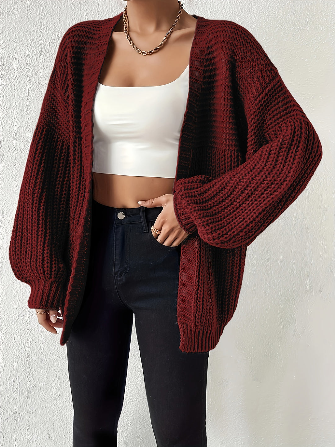 Women's Ribbed Knit Balloon Sleeve Open Front Oversized Cardigan