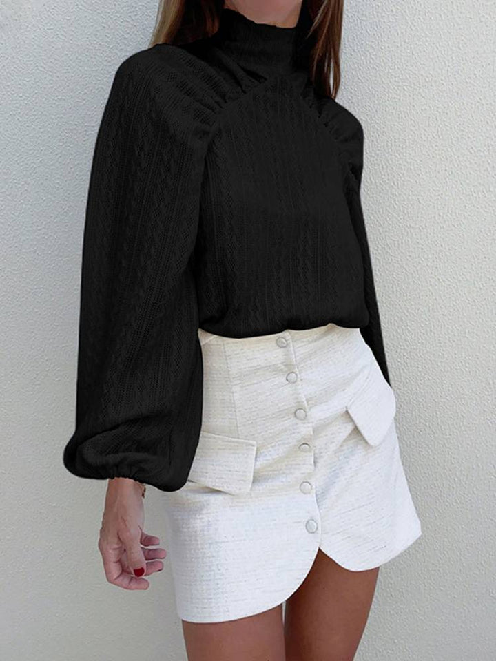 Women's Mock Neck Knit Top Cold-Shoulder Balloon-Sleeve Textured Relaxed