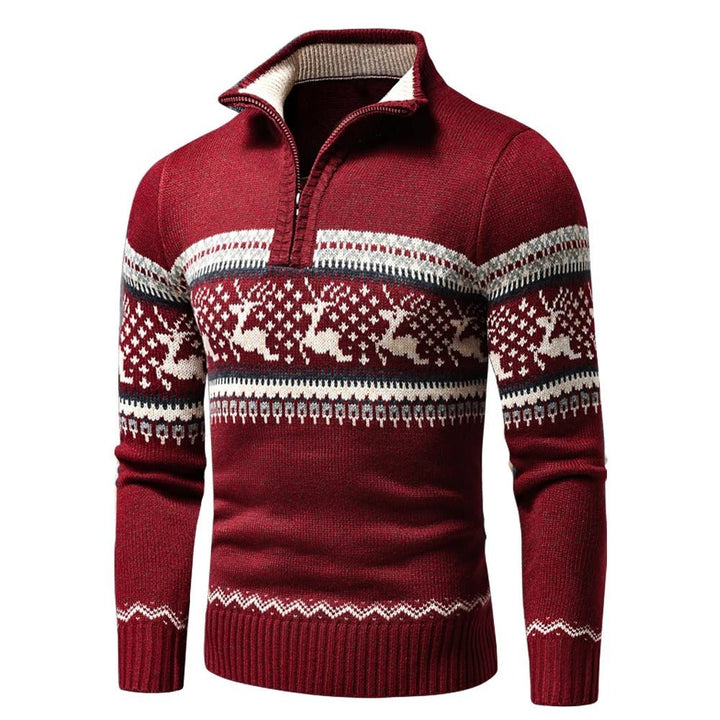 Men's Festive Christmas Sweater Reindeer Fair Isle Quarter-Zip Stand Collar