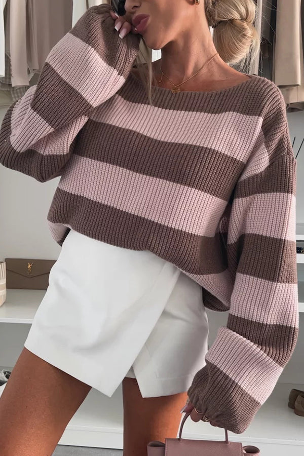 Women's Striped Knit Sweater Boat-Neck Drop-Shoulder Ribbed Cropped
