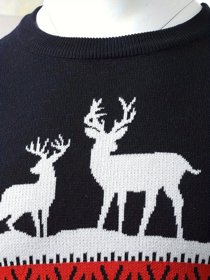 Men's Red Festive Christmas Sweater Reindeer Fair-Isle Crewneck