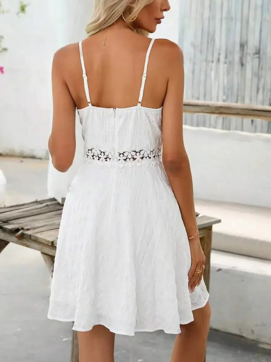 Women's Spaghetti Strap Mini Dress V-Neck Floral Lace A-Line Flowy