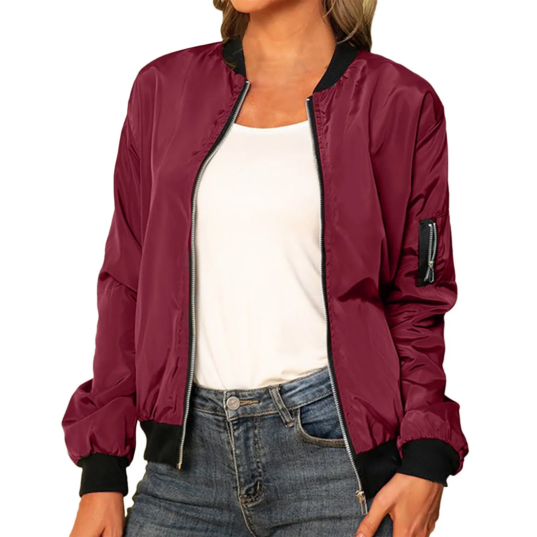 Women's Lightweight Zip-Up Bomber Jacket Ribbed Trim Sleeve Pocket Moto