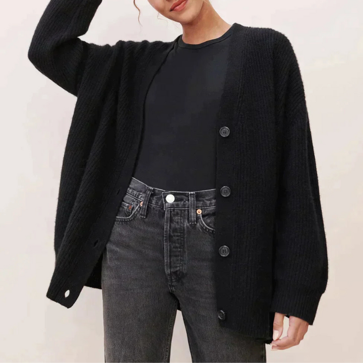 Women's Fine Ribbed Knit Cardigan V-Neck Button-Front Relaxed Longline