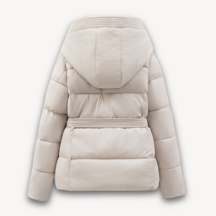 Women's Belted Hooded Puffer Jacket Full-Zip Quilted Fitted-Waist Warm