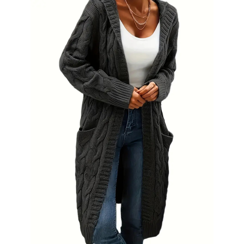 Women's Long Cable Knit Hooded Cardigan Open Front Patch-Pocket Longline
